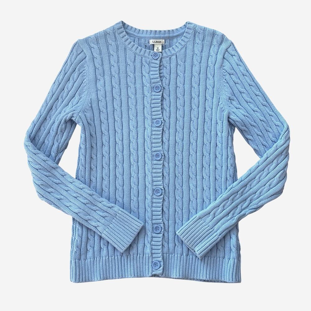 LL Bean Cardigan Sweater Womens Medium Blue Cable Knit Button Front Long Sleeve